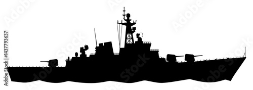 naval warship at sea black silhouette in vector style