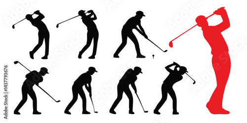 Golf Player Swing Vector Silhouette Set of 8 Different Poses Golfing Sports Illustration