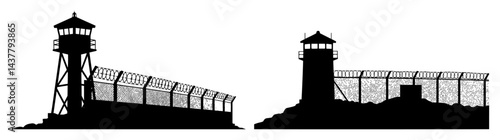 guard towers with barbed wire fence