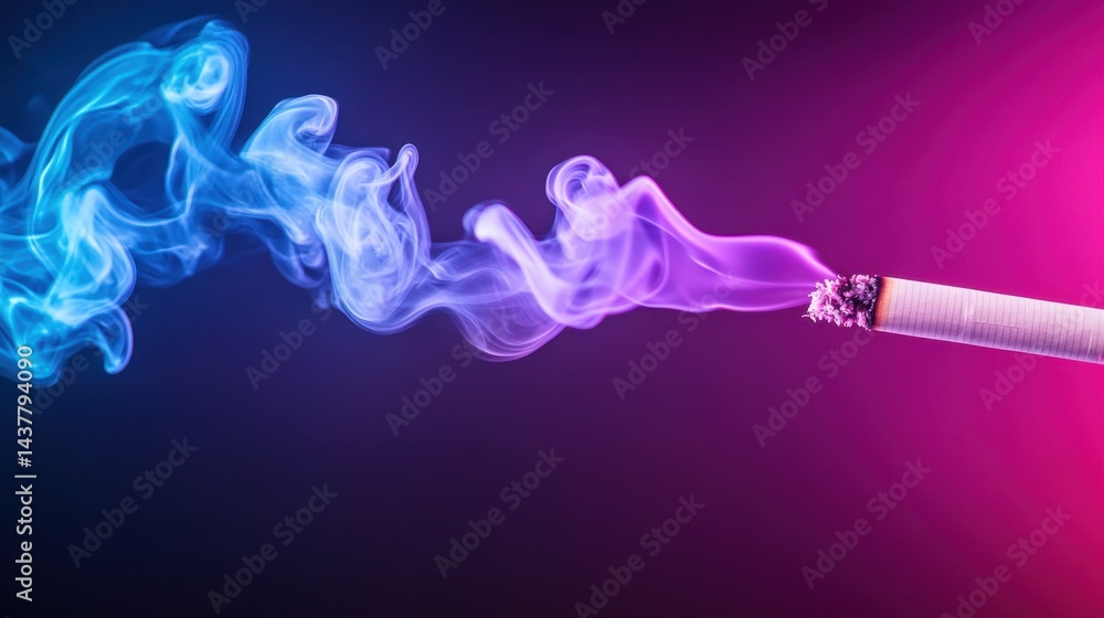 Neon-style cigarette smoke in vivid purples swirls against a shadowy backdrop, exuding boldness and mood Neon-style cigarette smoke in vivid purples swirls against a shadowy backdrop, exuding boldness and mood