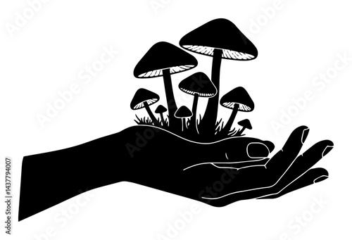 hand holding psilocybin mushrooms high-contrast stencil art
