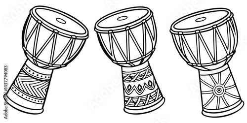 Traditional African Djembe Drums Vector Silhouette Set Hand Drum Percussion Instrument Line Art