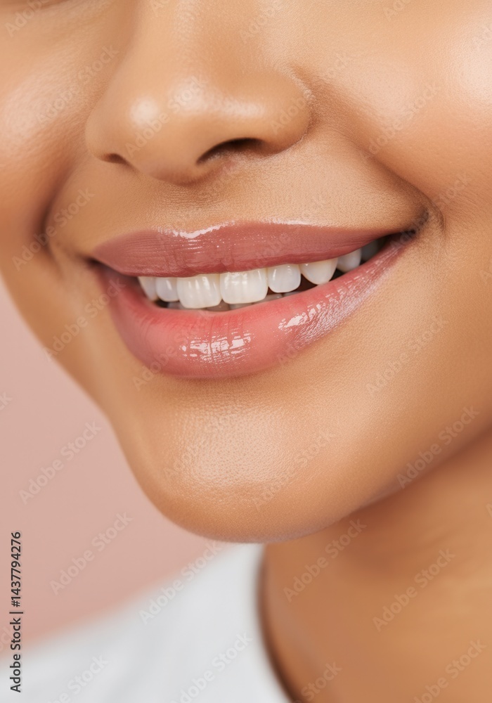 Close-up of smiling woman's glossy lips and white teeth on beige background Close-up of smiling woman's glossy lips and white teeth on beige background
