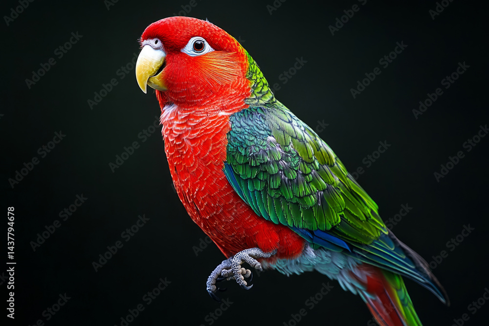 Obraz premium colorful parrot with vivid red, green, and blue feathers on dark background, symbolizing beauty, tropical life, and vibrant nature