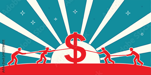 Business Team Pulling Dollar Sign Vector Illustration Flat Design for Financial Growth Concept - EPS 10 Scalable