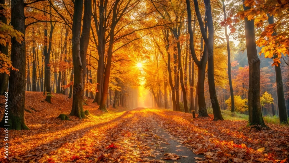 Fototapeta premium Golden Hour Pathway Through Autumnal Woods Sunbeams Illuminate a Scenic Forest Road Covered in Fallen Leaves