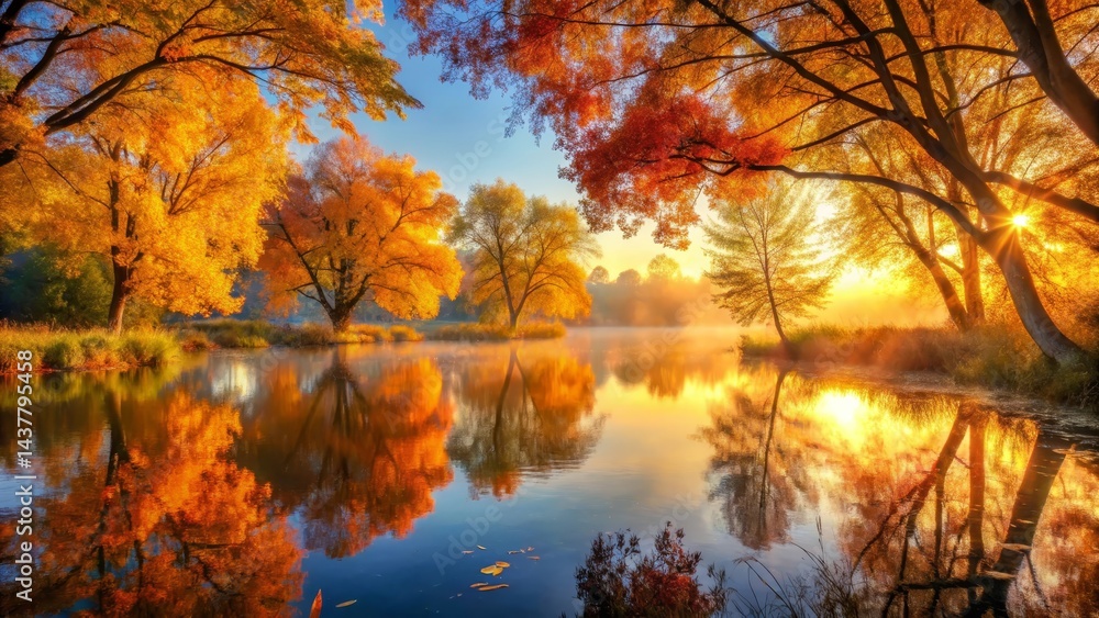 Golden Autumn Sunrise Reflecting on Calm Water, Trees in Vibrant Fall Foliage Golden Autumn Sunrise Reflecting on Calm Water, Trees in Vibrant Fall Foliage