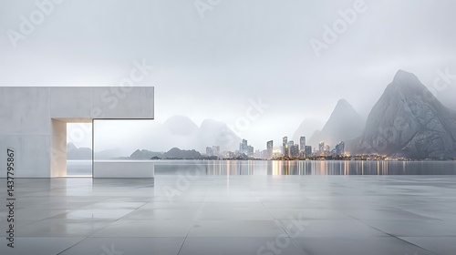 Modern structure overlooks a foggy city & mountain scenery with reflective surface
