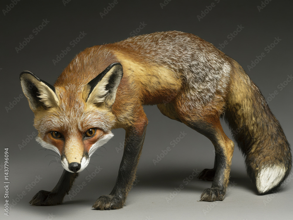 Obraz premium A fox in a crouched stalking position, tail lowered and eyes forward
