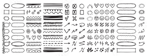 doodle underline emphasis scribble elements line hand drawn set. doodle brush shapes stroke highlight sparkle and arrow elements. childish drawing kids style.