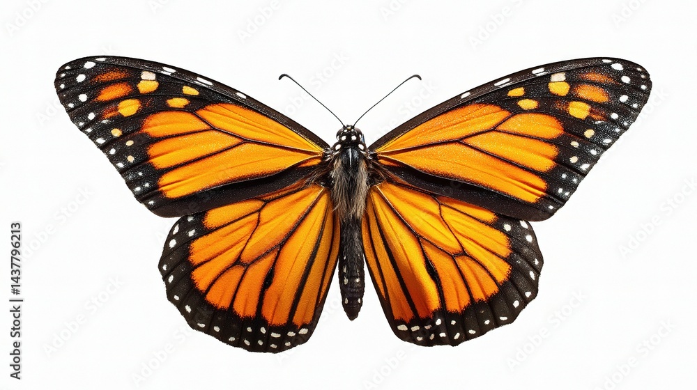 Fototapeta premium Vibrant Monarch Butterfly with Open Wings Against White Background
