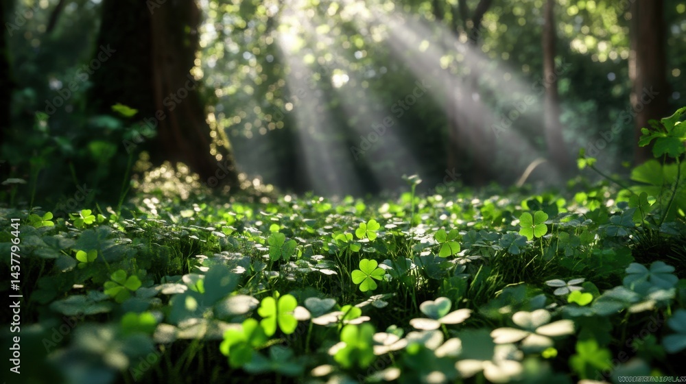 Fototapeta premium Sunlight filters through trees, casting a gentle glow on a carpet of fresh green clovers.