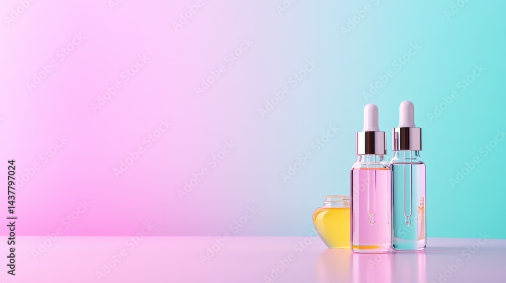 Transparent dropper bottles filled with colorful liquids rest on a smooth pastel backdrop. Transparent dropper bottles filled with colorful liquids rest on a smooth pastel backdrop.