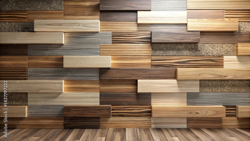Fototapeta premium A Stunning Abstract Composition Featuring a Wall of Varied Wood Paneling with a Rich, Textured Floor