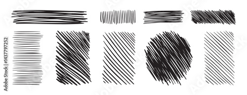 Doodle hand drawn hatching texture lines set. hatched strikethrough rectangle shapes. Diagonal, vertical, or parallel strokes. 