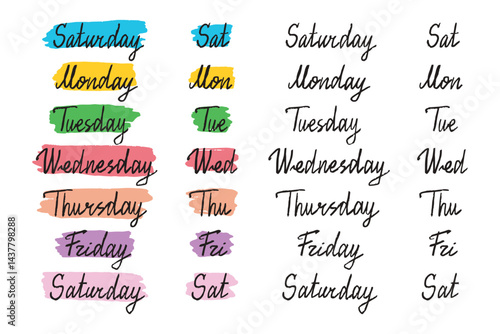 colorful doodle hand drawn lettering days of week. Sunday, Monday, Tuesday, Wednesday, Thursday, Friday and Saturday. Stickers for planner, journal. handwritten days week clipart.