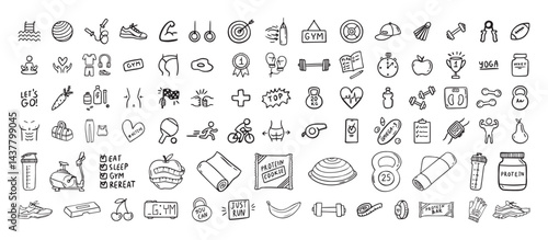 Fitness, sport and health icons doodle hand drawn set. Healthy lifestyle isolated symbols