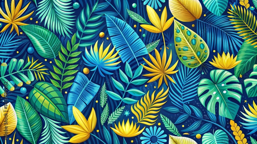 Vibrant Tropical Leaf Pattern A Lush and Colorful Botanical Illustration Featuring an Array of Exotic Foliage in Shades of Teal, Blue, and Golden Yellow Vibrant Tropical Leaf Pattern A Lush and Colorful Botanical Illustration Featuring an Array of Exotic Foliage in Shades of Teal, Blue, and Golden Yellow