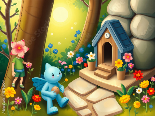 A cartoon scene of a blue creature sitting on a path in front of a house with a clock on the roof