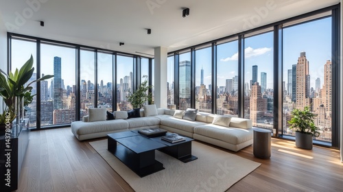 Luxurious penthouse living room with city views
