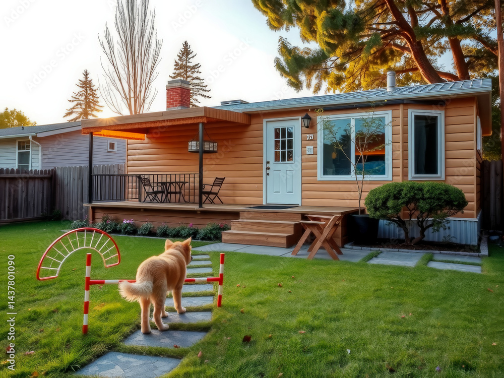 A dog is playing with a toy in front of a house. The house is a small wooden cabin with a porch and a deck