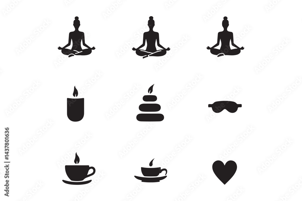 Meditation Wellness Icons Set Yoga, Candle, Tea, Relaxation, Spa, Love, Selfcare Symbols Meditation Wellness Icons Set Yoga, Candle, Tea, Relaxation, Spa, Love, Selfcare Symbols