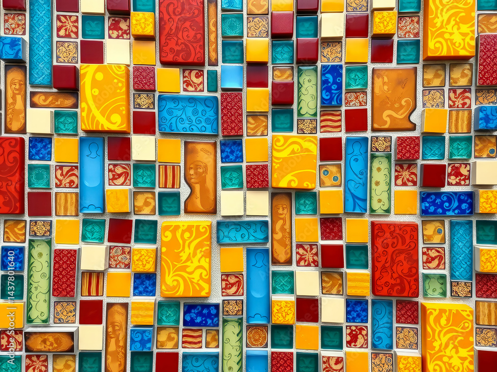 A colorful mosaic tile wall with a pattern of squares and rectangles. The colors are bright and the design is intricate