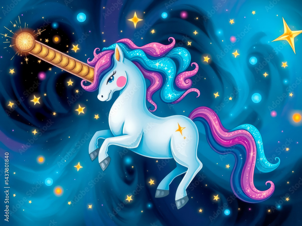 A unicorn is flying through the sky with a glowing star in its mouth. The image has a whimsical and magical feel to it, with the unicorn being the main focus of the scene