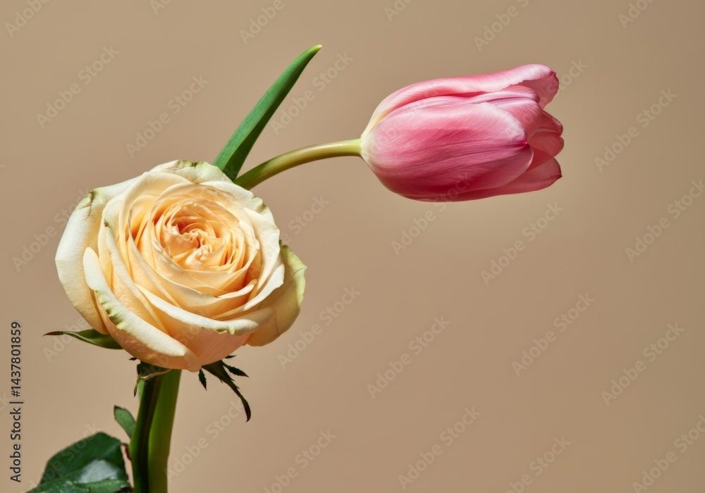 Fototapeta premium Elegant rose and tulip arrangement on beige background