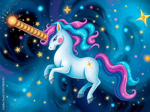 Obraz na płótnie A unicorn is flying through the sky with a glowing star in its mouth. The image has a whimsical and magical feel to it, with the unicorn being the main focus of the scene w salonie