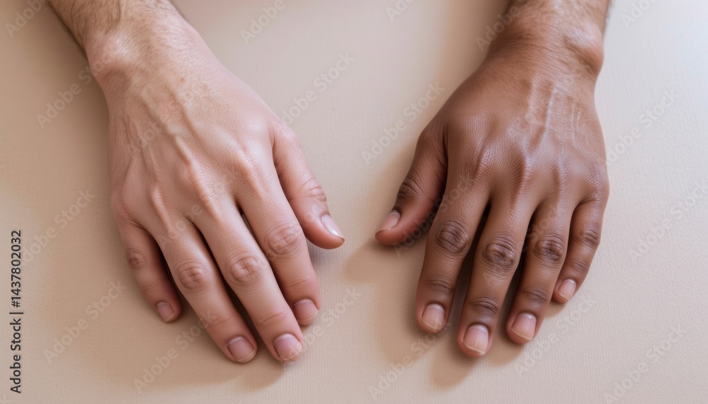 Two hands of different skin tones side by side. Two hands of different skin tones side by side.