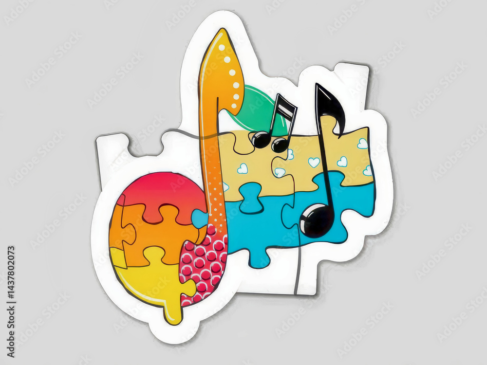 A colorful jigsaw puzzle piece with a musical note and a piece of music. The puzzle piece is missing a piece, giving it a sense of incompleteness
