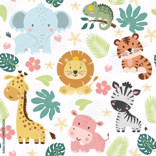 Seamless pattern with cute African animals. Elephant, tiger, lion, giraffe, hippo, zebra and chameleon. Vector illustration.