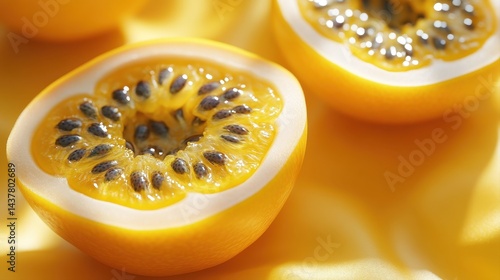 Bright Yellow Passion Fruit Halves Displaying Unique Seeds and Juicy Interior on Yellow Fabric Background