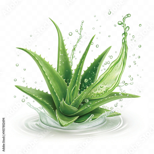realistic fresh aloe vera leaves splashing in aloe vera juice isolated transparent background