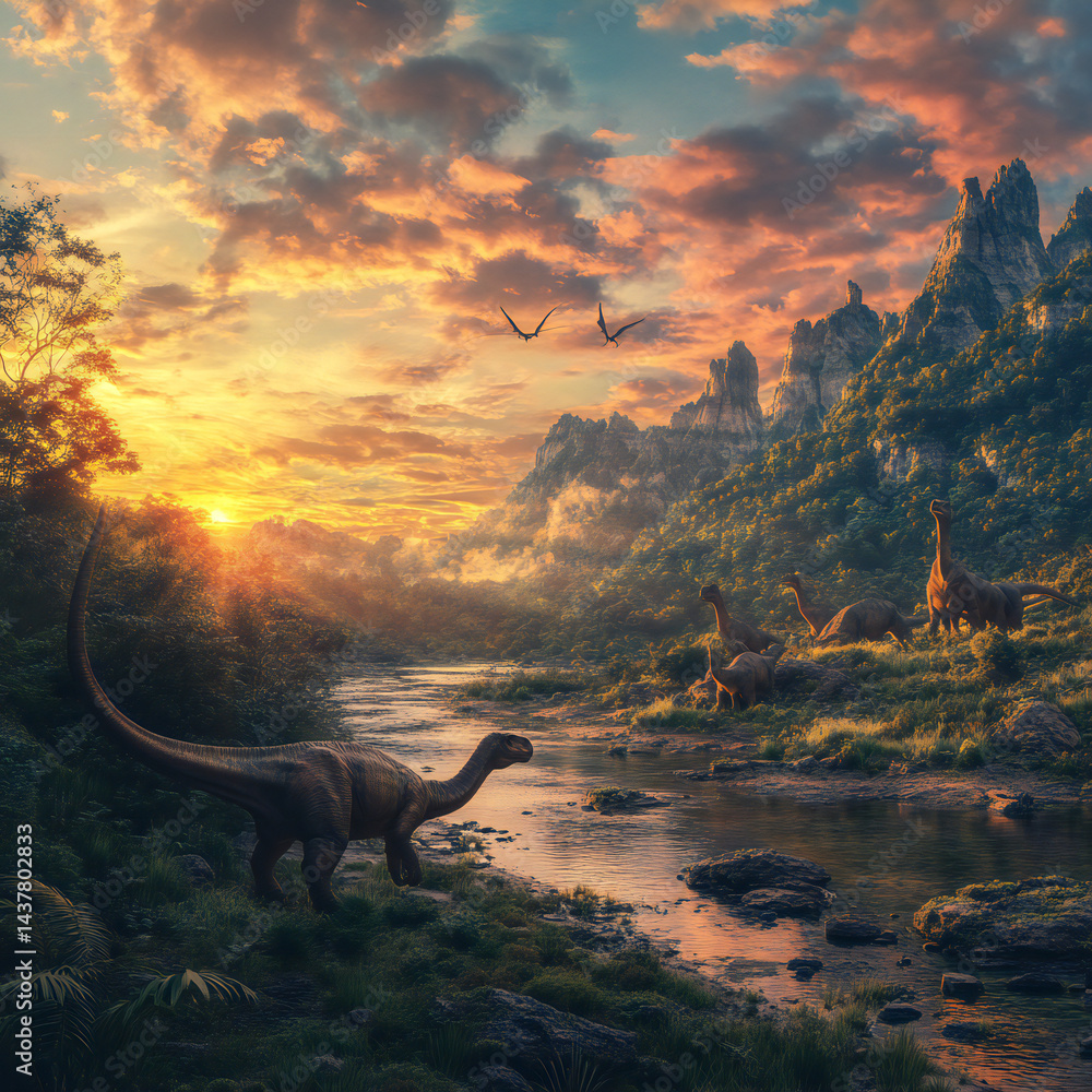 Fototapeta premium Exploring a vibrant prehistoric landscape inhabited by dinosaurs near a winding river