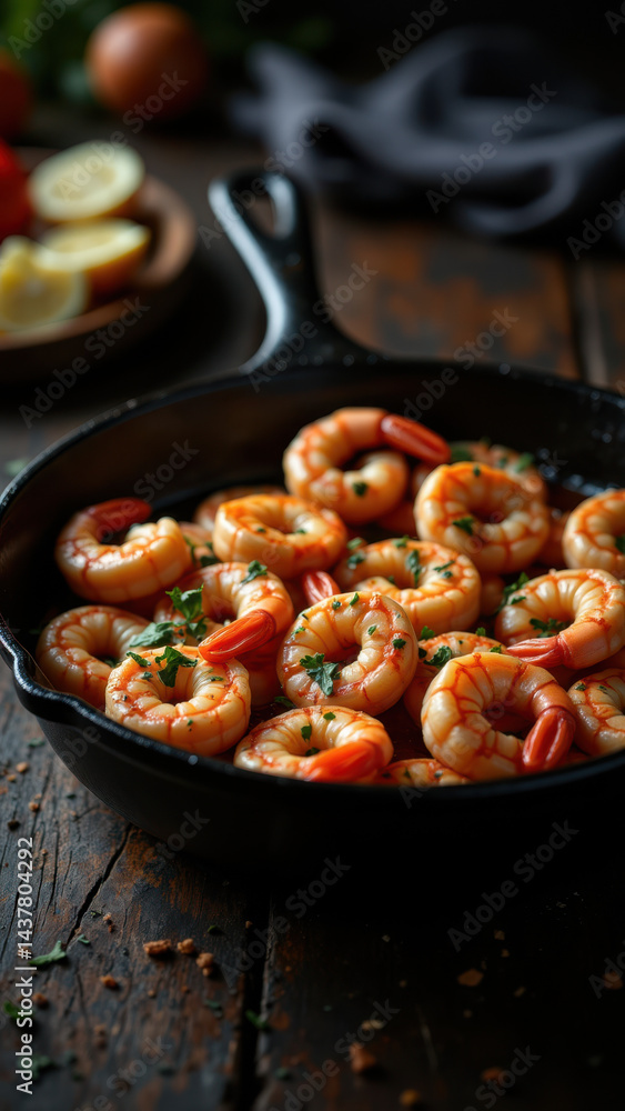 A pan filled with freshly cooked shrimp on a rustic table with Mediterranean ingredients around. A pan filled with freshly cooked shrimp on a rustic table with Mediterranean ingredients around.
