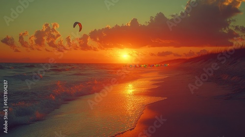 Sunset kitesurfing beach ocean waves paradise