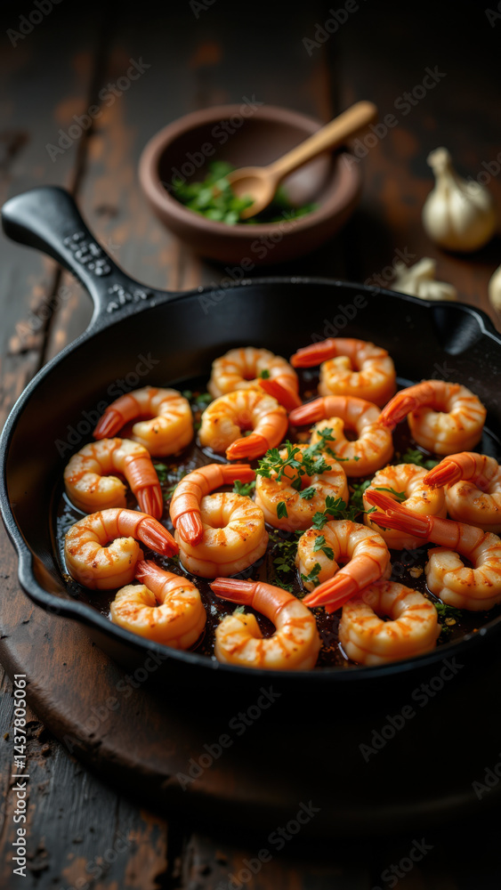 Delicious shrimp with herbs on a wooden table, part of a Mediterranean-inspired meal. Delicious shrimp with herbs on a wooden table, part of a Mediterranean-inspired meal.