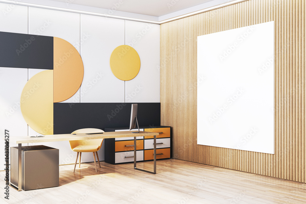 Vertical poster mockup in modern boss office with wooden walls, clean workspace, desk and chair in contemporary interior design concept room. 3D Rendering