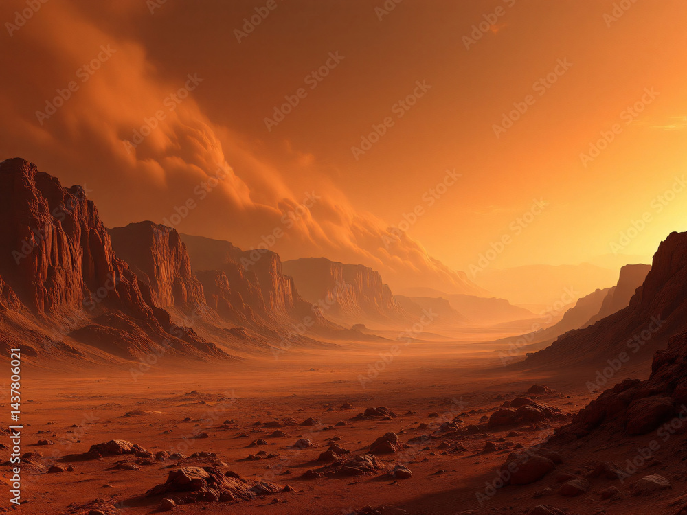 Naklejka premium Vast desert landscape at sunset with rugged terrain and serene, tranquil atmosphere.