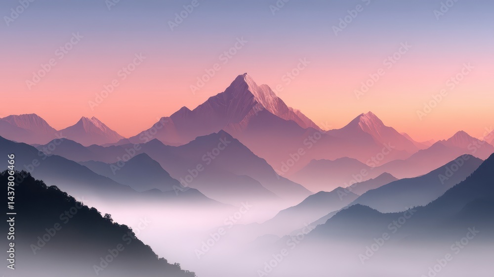 Obraz premium Breathtaking panorama, majestic mountain range bathed in a vibrant pink sunset sky