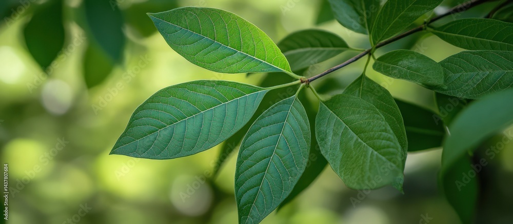 Fototapeta premium Lush green leaves, forest background, nature