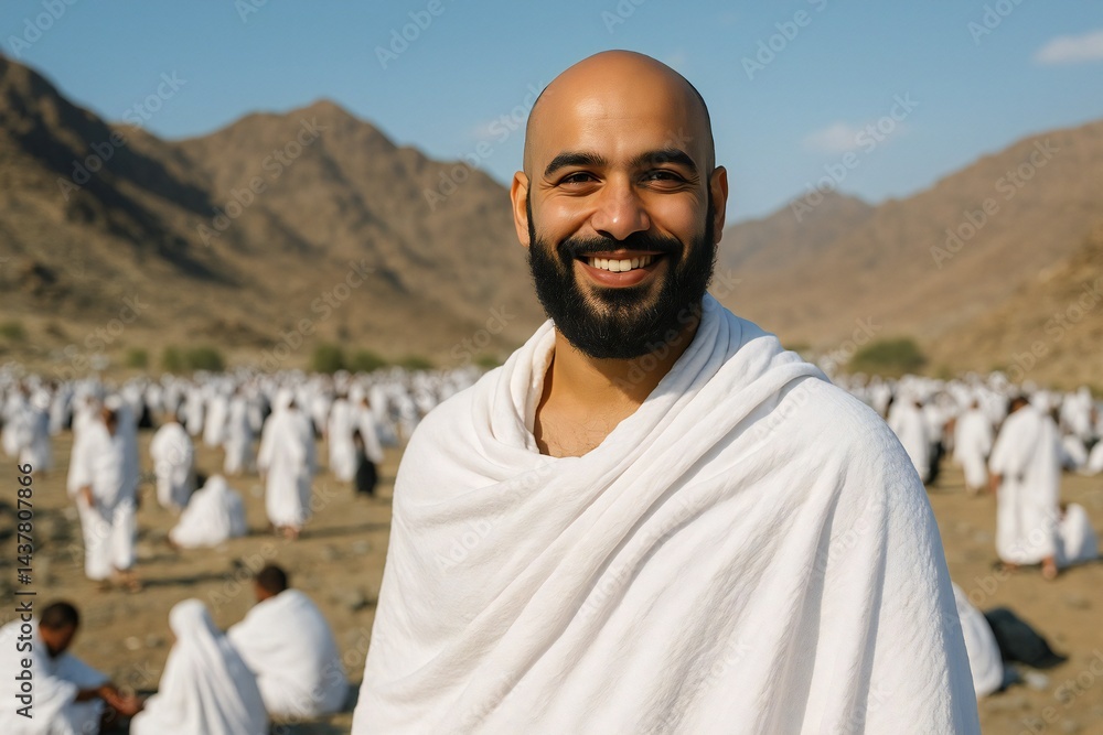 Muslim pilgrim wearing ihram during hajj in desert mountain Muslim pilgrim wearing ihram during hajj in desert mountain