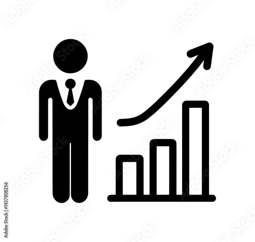 black silhouette of a man in a tie standing next to a rising histogram