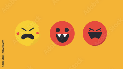 Vector Illustration of Three Emoticons Displaying Different Angry Facial Expressions on Yellow Background