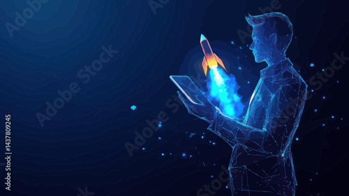 Futuristic Businessman With Tablet and Rocket Launch Hologram - Digital Boosting and Start-Up Concept in Low Poly Technological Blue Vector Illustration