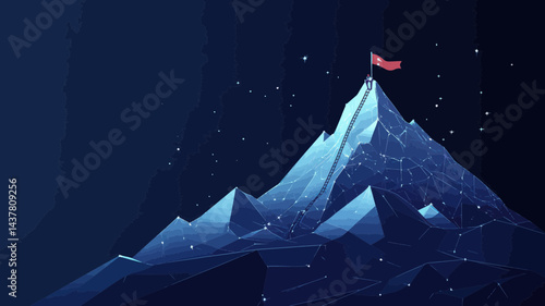 Digital Mountain with Flag and Businessman Climbing to Top - Goals Achievement and Ambitions Concept in Minimalist Vector Art