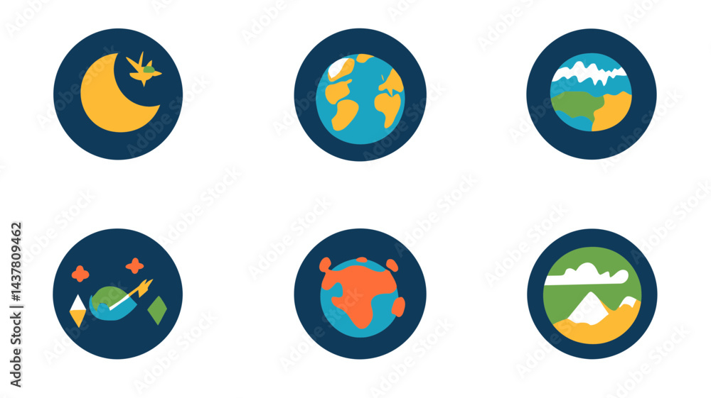 Flat Design Globe Icon Collection - Set of 6 Stylized World, Nature, and Landscape Icons for Infographics and UI Flat Design Globe Icon Collection - Set of 6 Stylized World, Nature, and Landscape Icons for Infographics and UI