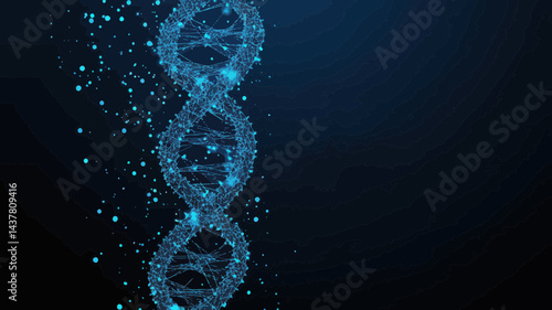 Polygonal DNA Helix with Vector Mesh Spheres and Flying Debris in Blue Minimalist Style - Scientific and Technological Concept Illustration